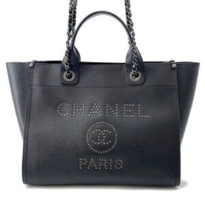 CHANEL Deauville Chain Tote Shopping Bag Size GM Calfskin Black A57069
